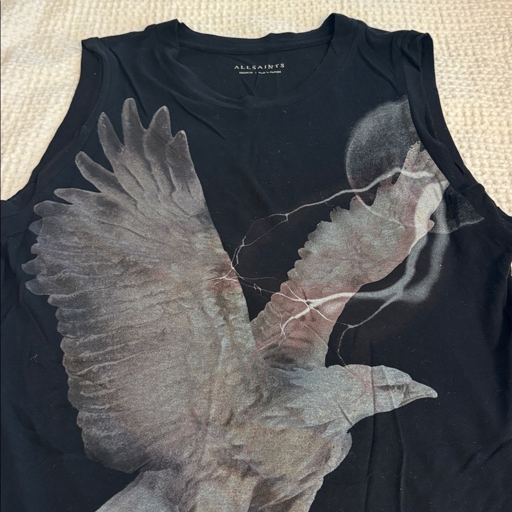 AllSaints Black Raven Print Muscle Tee - Picture 3 of 4